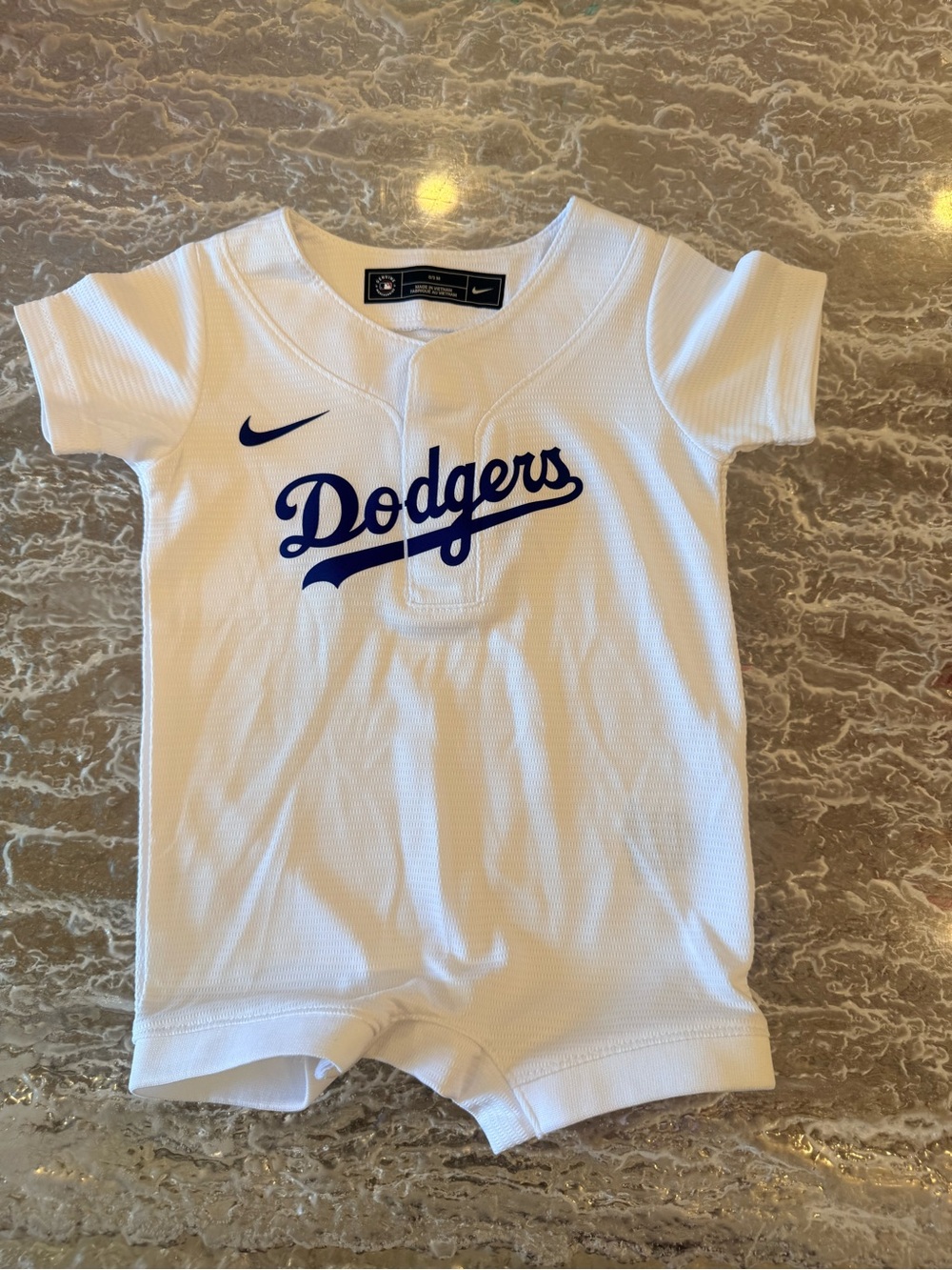 Nike White Dodgers Infant Romper with Blue Script